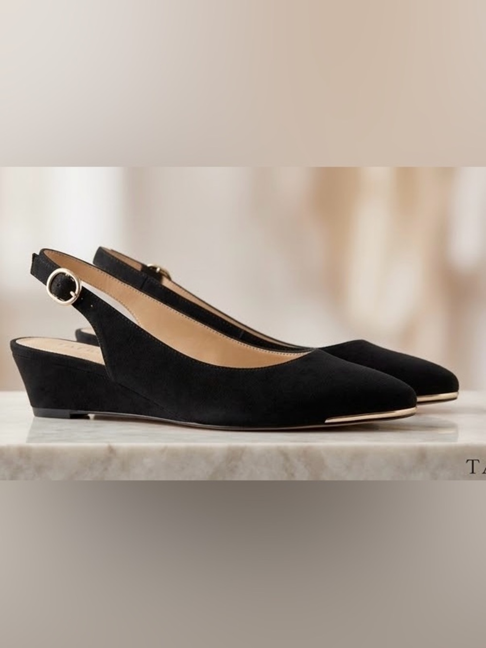 Talbots Black Suede Slingback Wedge Flats Gold Toe Cap Accent Size 5.5 Women’s